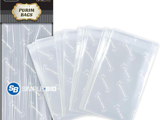 Lot 58-63243 - New Winfaire Happy Purim Bags - 32 Pack 6" x 12" Purim Cellophane Treat Bags with Metallic Twist Tie...