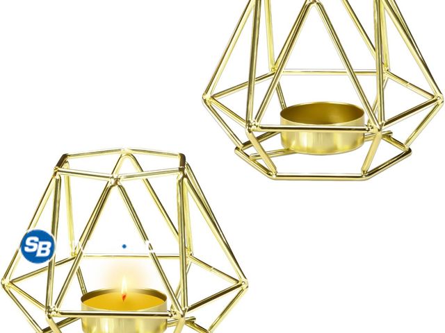 Lot 58-59217 - New 2Pcs Gold Geometric Tealight Votive Candle Holder, Metal Hollow Tea Light Candle Holders, Candle...