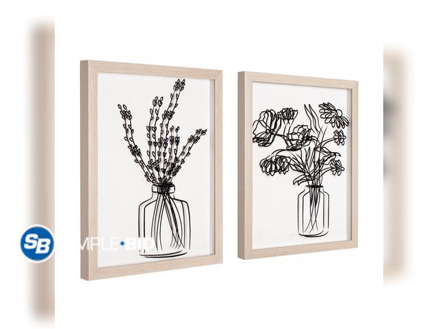Lot 58-85061 - New Florals in Vase set of 2 Black Print on Clear Framed Wall Decor 11" x 14"
