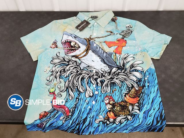 Lot 58-50673 - New MEN'S Hawaiian Button Down Shirt Shark and skele print short sleeve - SIZE L