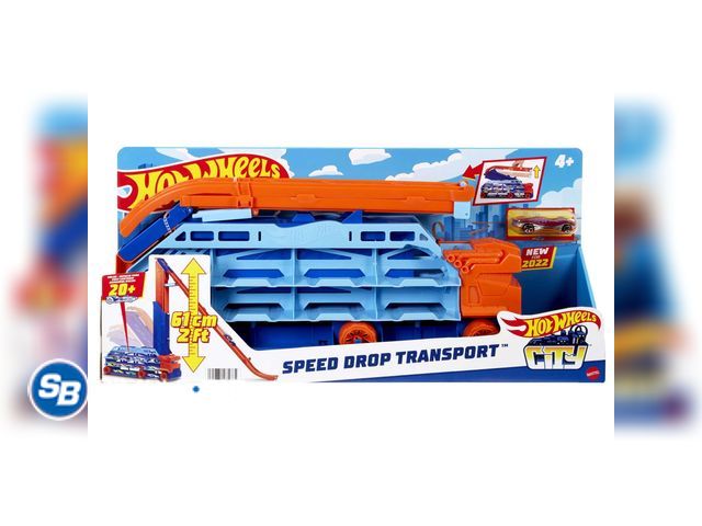 Lot 58-51512 - New Hot Wheels City Speed Drop Transport Hauler with 1 Toy Car, Stores 20+ 1:64 Scale Vehicles