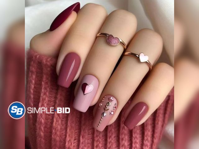 Lot 58-69120 - New Press on Nails Medium Coffin Fake Nails with Heart Rhinestones Designs Pink Nails Press ons Red ...
