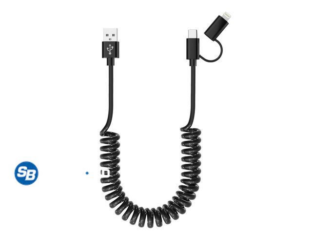 Lot 58-59925 - New USB to USB-C and Lightning Cable Combo 2 in 1 Coiled Cable Support Apple Carplay &amp; Android A...