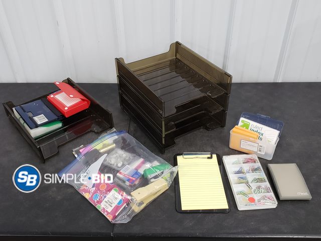 Lot 58-71856 - Lot of Office Supplies including 4 Stacking Clear Brown Shelves, Sticky notes, staples, and much mor...