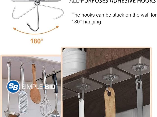 Lot 58-33071 - Adove Adhesive Hooks for Hanging, Heavy Duty Wall Hooks 40 Pack, Removable Sticky Ceiling Hooks, Tra...