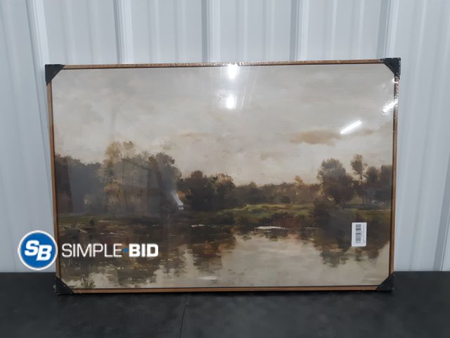 Lot 58-56434 - New KISSFOX Vintage Framed Wall Art Moody Forest Lake Canvas Art Prints Rustic Farmhouse Fall Landsc...