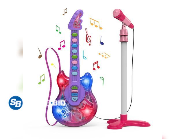 Lot 58-38865 - New Kiddos Toy Electric Guitar and Microphone with Stand Set for Kids, Pink