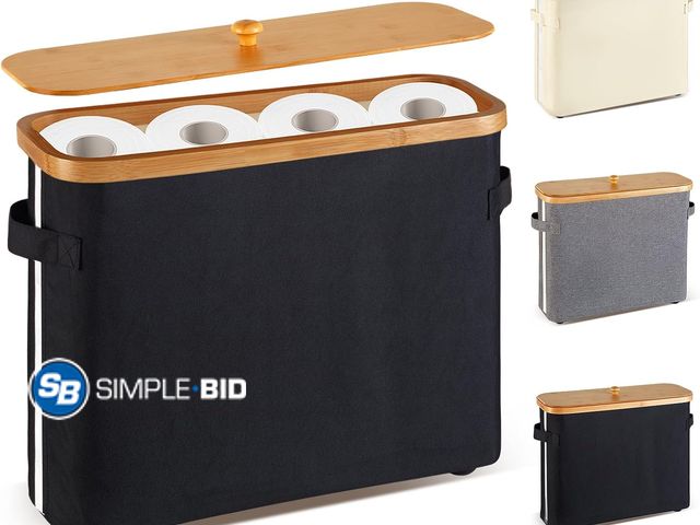 Lot 58-40417 - Toilet Paper Storage Basket with Lid and Handle for Bathroom - Bamboo Collaspible