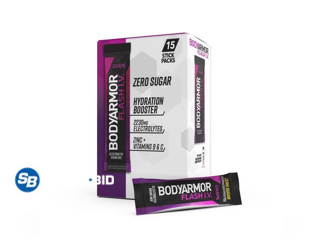 Lot 58-71765 - BODYARMOR FLASH I.V. Grape Zero Sugar Electrolyte Powder Mix, 0.25 dry oz, 15 Pack - unopened - expi...