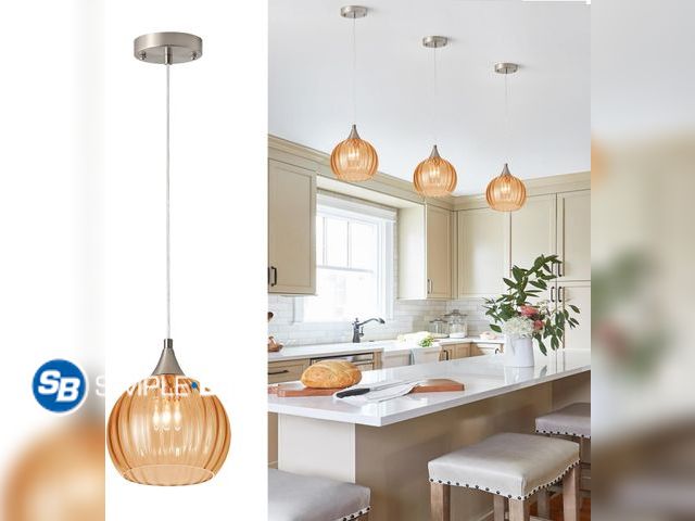 Lot 58-39393 - Hanging Pendant Light Fixture 3-Pack with 8" Amber Glass Globe Shades , Brushed Nickel