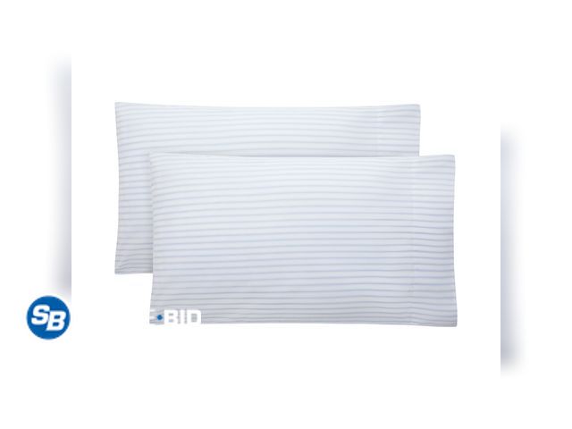 Lot 58-51446 - New Mainstays 2-Piece 300 Thread Count Blue Stripe Cotton Blend Percale Pillowcase Set, Standard/Que...