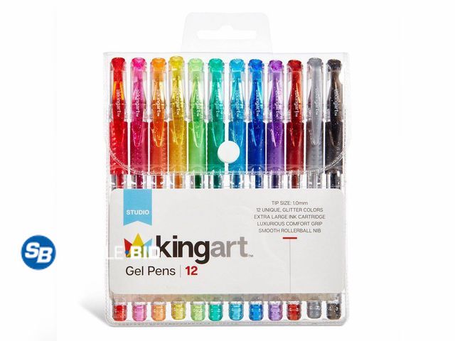 Lot 58-33719 - New KINGART Glitter Gel Pens, Soft Grip, 2.5 mm, 12 Count