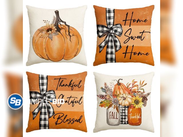 Lot 58-29188 - New Sm:)e Fall Pumpkin Home Sweet Home Throw Pillow Covers, 18 x 18 Inch Autumn Thankful Grateful Bl...