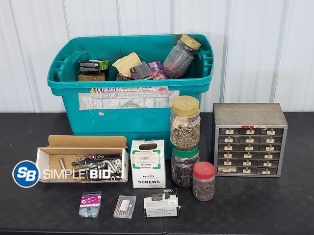 Lot 58-75884 - Tote Full of Various Jars and Boxes of Screws, Nails, Nuts &amp; Bolts - Framing Nails, Dry Wall Scr...