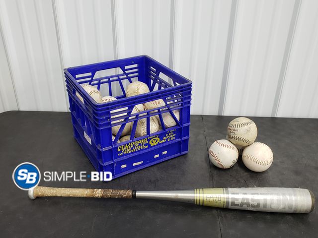Lot 58-72802 - Milk Container full of Used Softballs and a Bat