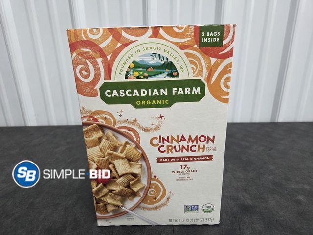 Lot 58-63948 - Cascadian Farm Organic Cinnamon Crunch Cereal - 2 bags inside - unopened - expired