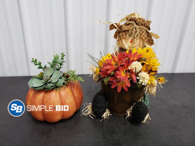 Lot 58-74395 - Lot of (2) FALL decor, Pumpkin -- little planter with scarecrow - super cute!