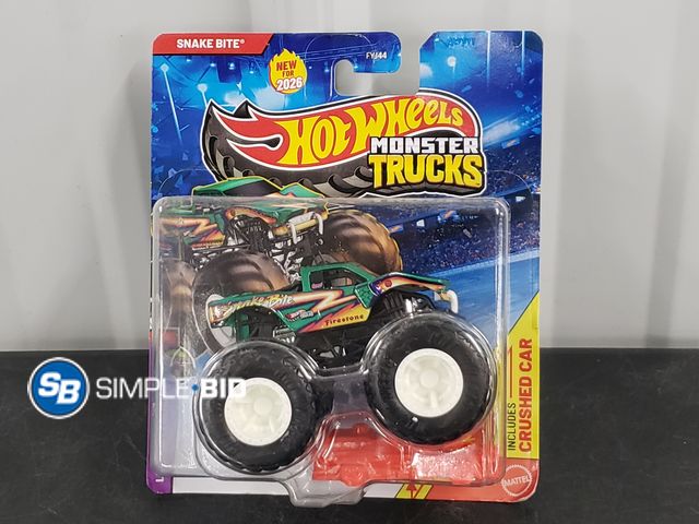 Lot 58-58146 - New Hot Wheels Monster Trucks, 1:64 Scale Toy Truck &amp; 1 Crushable Car