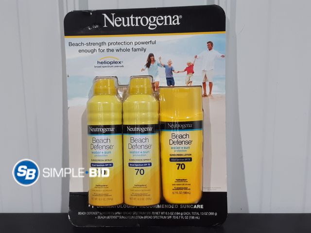 Lot 58-34977 - Neutrogena BEACH DEFENSE water + Sun Protection Sunscreen spray SPF 70 3 pack - unopened - expired