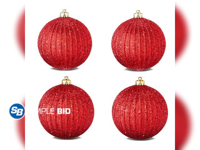 Lot 58-52875 - CHRISTMAS IN JULY! New 4-Count Red Glitter Shatterproof Textured Christmas Ornaments, 5.9 in, by Hol...
