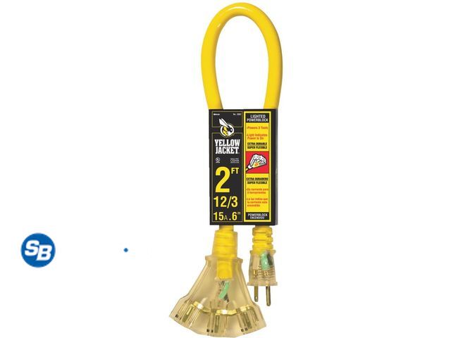 Lot 58-39062 - New Yellow Jacket 2882 12/3 2' Heavy-Duty Contractor Extension Cord with Lighted Power Block