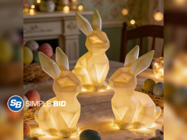 Lot 58-83903 - New 3 Pack Easter Bunny Decorations, Ceramic White Rabbit Statues Ornaments, Lighted Bunny Table Cen...