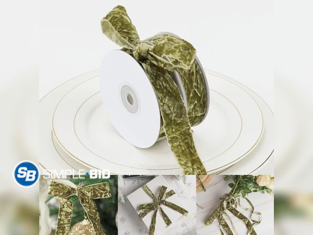 Lot 58-63511 - Lot of (2) New HUIHUANG Sage Green Velvet Ribbon 1 inch x 10 Yards Luxury Crushed Velvet Ribbon for ...