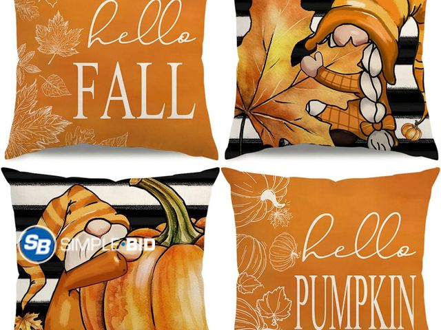 Lot 58-84038 - New Fall Pillow Covers 18x18 Thanksgiving Farmhouse Decorations Black Striped Maple Leaf Pumpkin Out...