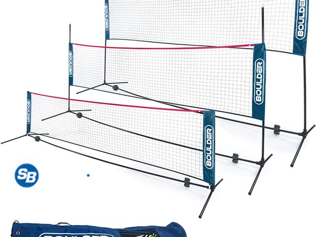 Lot 58-34336 - New Boulder Adjustable Volleyball/Badminton Net - (Blue/Red, 10 ft)