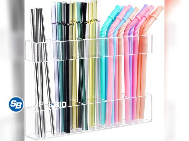 Lot 58-50579 - New 9.5” Large Acrylic Straw Holder for Cabinet Door - Ultra Sticky Adhesive Squares, Reusable Adjus...