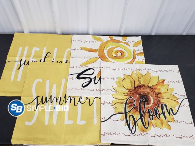 Lot 58-55197 - Lot of (4) New Pillow Coverings -- SUNNY - SWEET SUMMER - HELLO SUNSHINE - BLOOM - approx. 20" x 20"