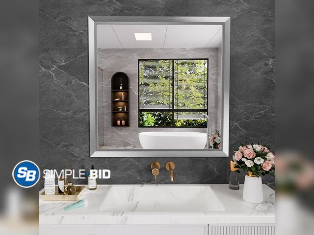 Lot 58-41388 - Amorho 36x36 Inch Bathroom Mirror Silver, Thick Metal Framed Wall Mirrors for Over Sink, Brushed Nic...