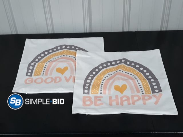 Lot 58-26381 - Lot of (2) New Pillow Coverings - (1) BE HAPPY (1) GOOD VIBES - 18x18