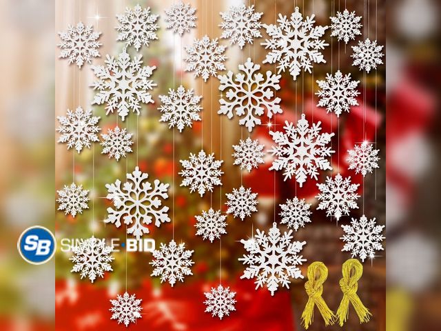Lot 58-37214 - New Ayieyill 46 Pcs White Glitter Snowflake Ornaments Various Size Plastic Winter Snowflakes Ornamen...