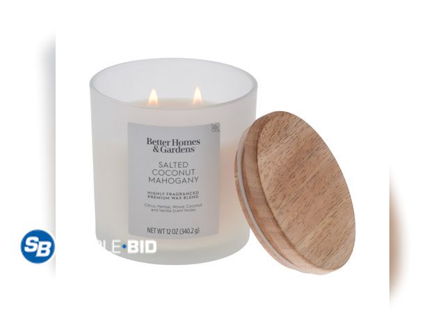 Lot 58-68179 - New Better Homes and Gardens Salted Coconut Mahogany Scented 2-Wick Frosted Jar Candle 12oz.