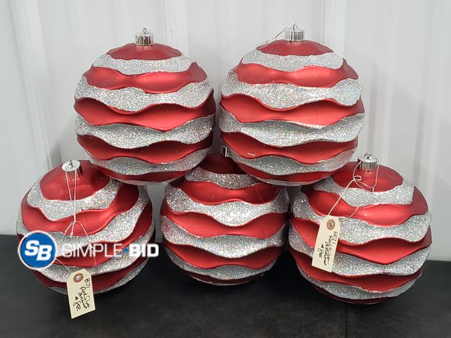 Lot 58-73520 - Lot of (5) Red and Silver Ornaments - super cool! - approx. 8" x 8"