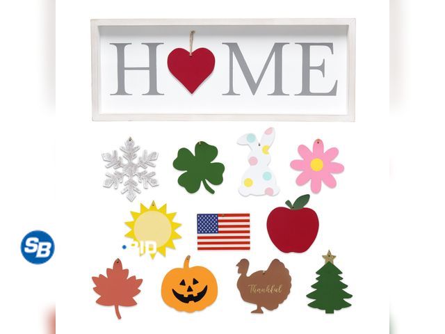 Lot 58-26639 - New Elegant Designs 23" Home Sweet Swap Farmhouse Frame with 12 Seasonal Ornaments, Freestanding or ...
