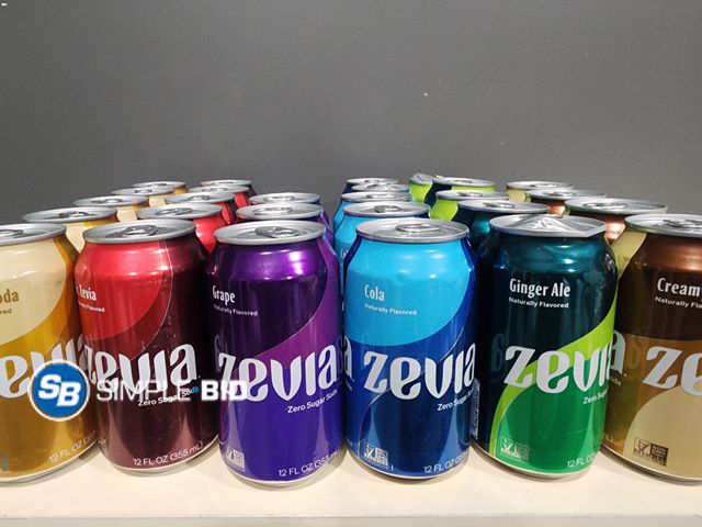 Lot 58-30499 - ZEVIA Lot of (27) Zevia - Zero Sugar Soda - Ginger Ale - Grape - Cola - Creamy Root Beer - Cream Sod...