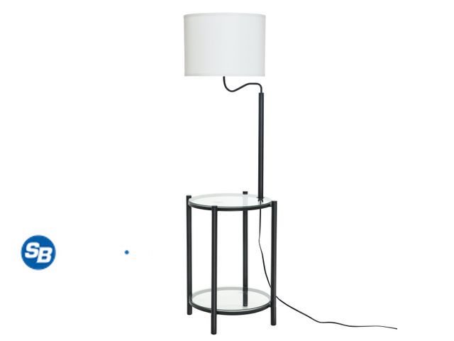Lot 58-37481 - Mainstays Glass End Table Floor Lamp with White Shade, Matte Black, 17"L x 17"W x 54"H - appears unu...