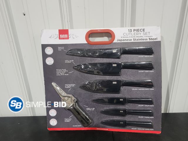 Lot 58-34536 - New Kuhn Rikon 13 PIece Cutlery Set -- 6 Knives - 6 knife sheaths 1 Scissors Japanese stainless stee...