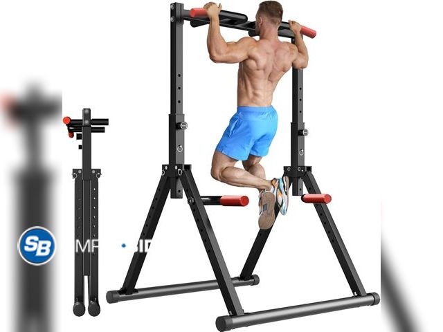 Lot 58-76048 - New WATBKHE Foldable Power Tower Pull Up Dip Station, Pull Up Bar Free Standing Adjustable Height, M...