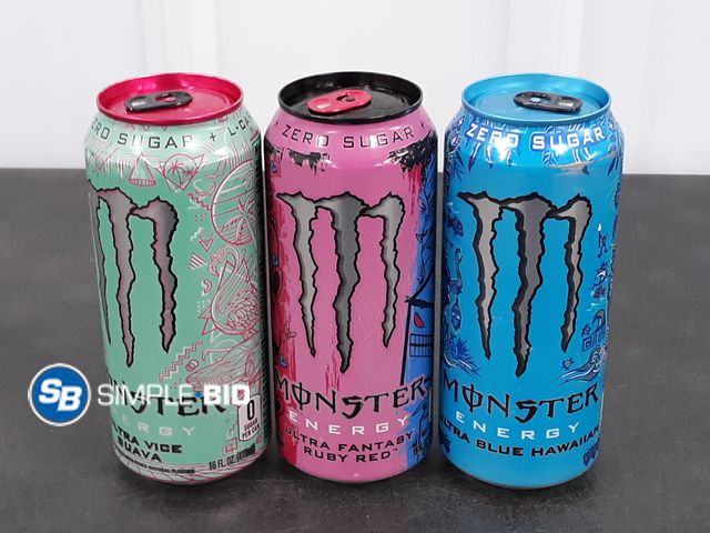 Lot 58-29871 - MONSTER! Lot of (23) Monster Energy Drinks -- Ultra Vice Guava - Ultra Blue Hawaiian - Ultra Fantasy...