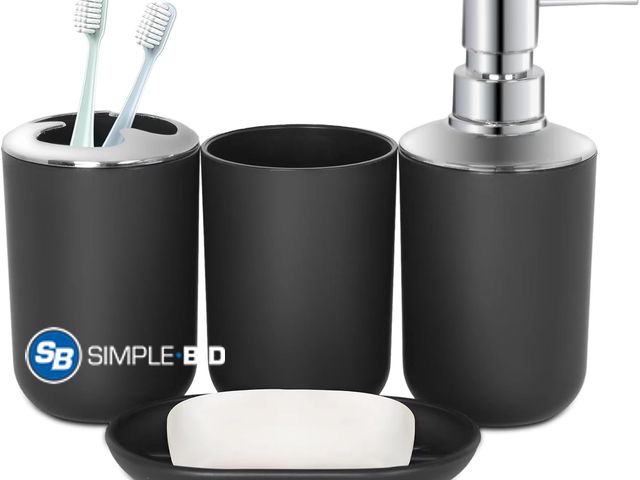 Lot 58-39830 - New Black Bathroom Accessories Set 4 PCS, Black Bathroom Accessories, Plastic Soap Dispenser and Too...