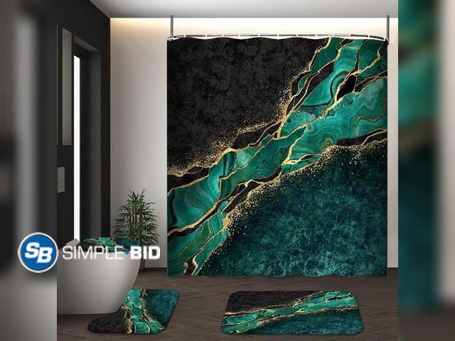 Lot 58-26870 - New GALMAXS7 4Pcs Shower Curtain Sets with Rugs and Hooks Green Gold Marble Bathroom Shower Curtain ...