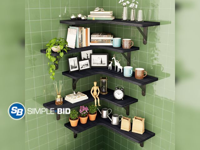 Lot 58-38607 - New Fairy Corner Floating Shelves, Rustic Wood Corner Wall Shelves, Set of 5, 16.1x11.4 inches, Blac...