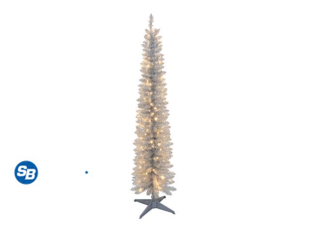 Lot 58-32896 - New 6 ft Pre-Lit Silver Tinsel Tree with 100 Warm White LED lights, by Holiday Time