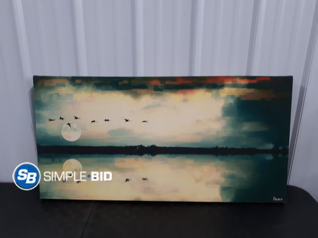 Lot 58-67067 - Canvass Painting of Birds in the Sky Reflecting in the Water - 20" x 39" - Used