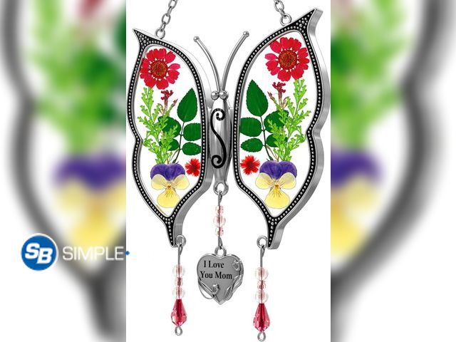 Lot 58-83216 - New Stained Glass Window Hanging Pressed Flowers Butterfly Suncatcher | I Love You Mom Wind Chimes