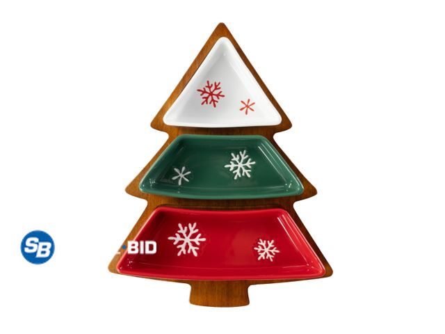 Lot 58-77189 - CHRISTMAS IN JULY! New Holiday Time Acacia Wood Christmas Tree Charcuterie Tray with Ceramic Bowls, ...