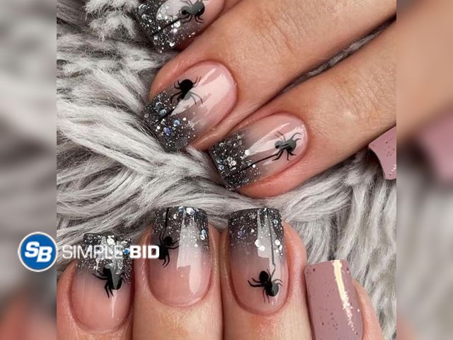 Lot 58-78123 - New Halloween Press on Nails Medium Square MABKJLF Black Gradient Fake Nails Glitter False Nails wit...